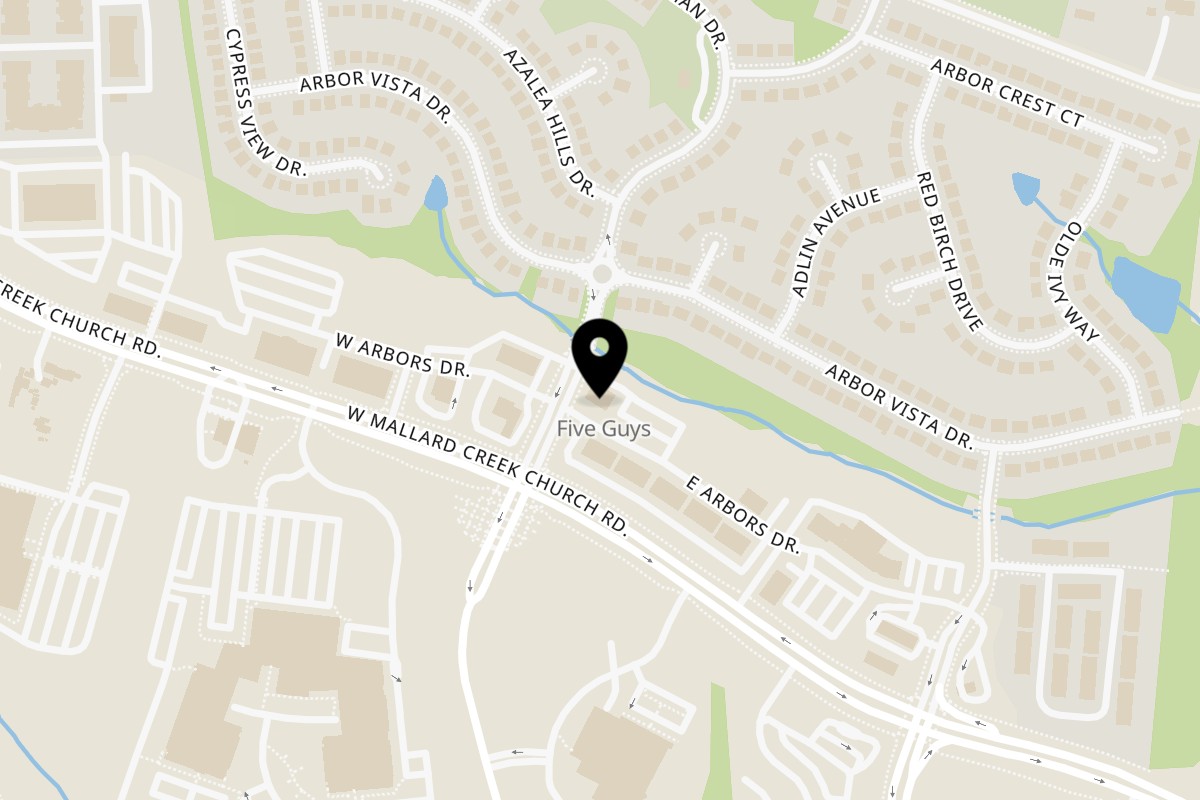 Map showing the location of Taste of India on 2130 E Arbors Dr in Charlotte
